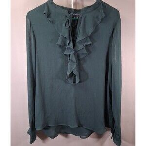 ​TOMMY HILFIGER Hunter Green Ruffle Chiffon Blouse L - Dark Academia Chic